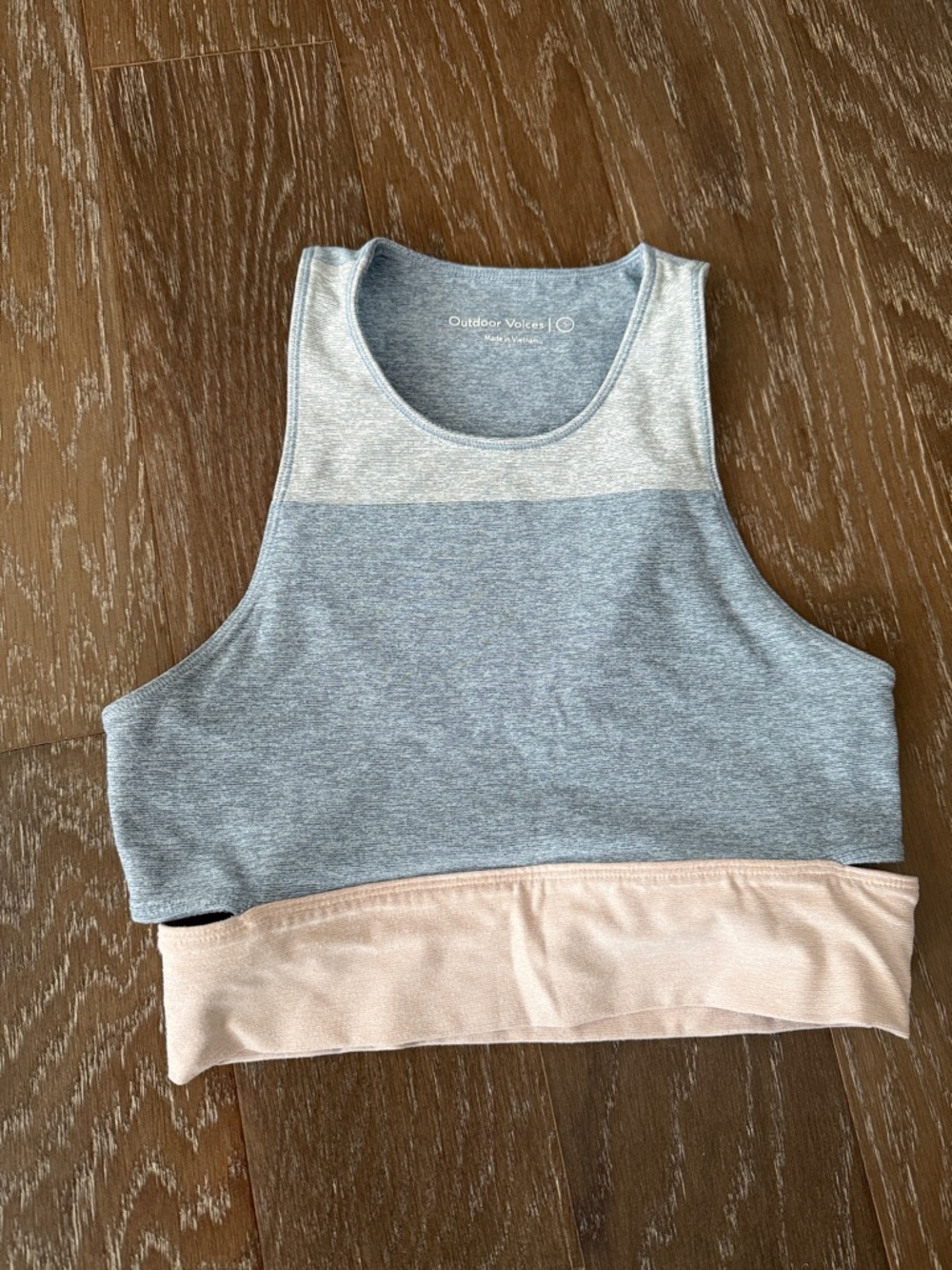 Outdoor Voices Blue and Blush Cutout/Open Back Cropped Sports Bra